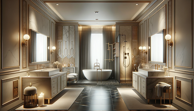 A luxurious bathroom featuring a freestanding tub, 2 vanities and a shower with rain showerhead.