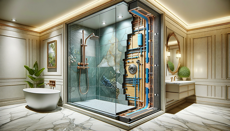 A luxury bathroom showing a cut away of components behind the tiled shower walls