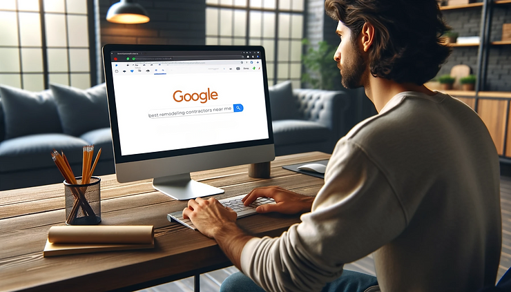 A man at his computer doing a Google search for the term "best remodeling contractors near me".