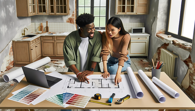 Man and woman in their kitchen remodel looking at blueprints.