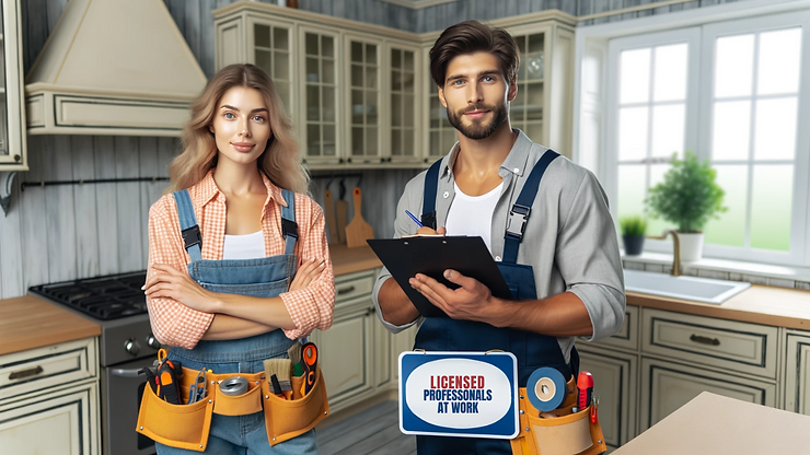 Man and woman standing confidently in a kitchen with a sign "Licensed Professionals At Work".