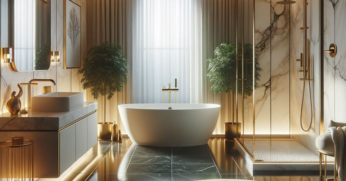 luxurious modern bathroom with a freestanding tub, marble countertops, gold fixtures, and a glass-walled walk-in shower