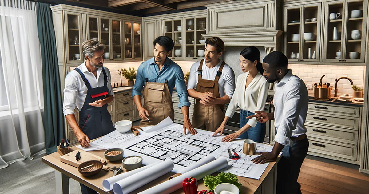 A group of people in a kitchen standing around a set of plans discussing planning stages.