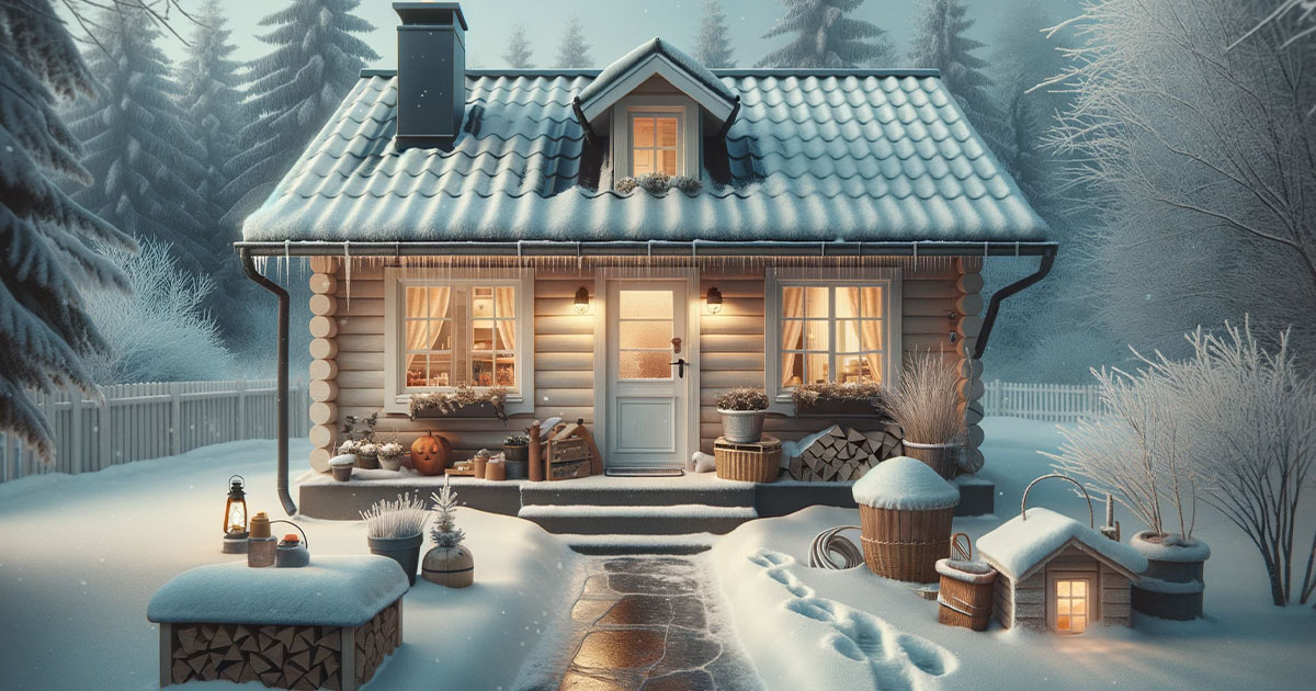 A winter home surrounded by snow with icicles frozen to the gutters