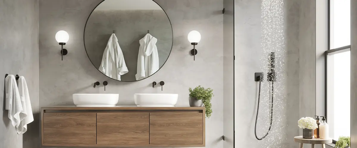 Modern Bathroom with wood cabinet and round mirror.