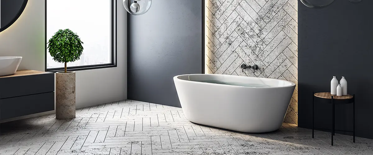 Contemporary bathroom with black and cement walls , white bathtub and big window.