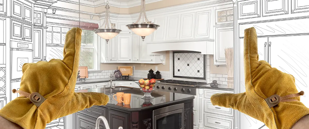 Kitchen renovation concept showing a transition from blueprint to reality with hands framing a luxury kitchen design.