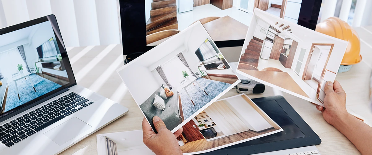 Hands reviewing printed interior-design photos alongside a laptop showing a staged room.