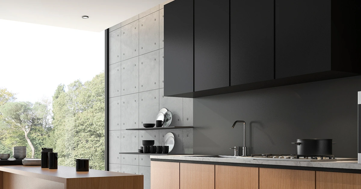 Contemporary kitchen with matte black cabinetry, concrete accent wall, and minimalist shelving