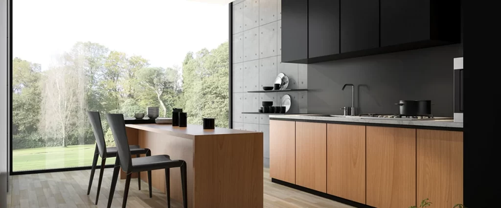 Modern kitchen with black cabinets, wood island, and a large window offering an outdoor view.