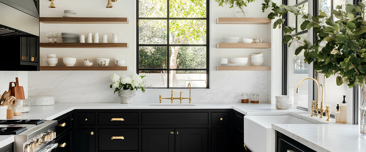 kitchen refresh overland park ks kitchen remodeling modern kitchen with black cabinetry white marble countertops brass fixtures and open shelving