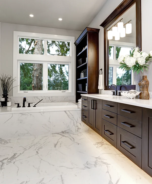 bathroom remodeling greenwood mo modern bathroom with marble flooring dark wood cabinetry glass shower large mirrors