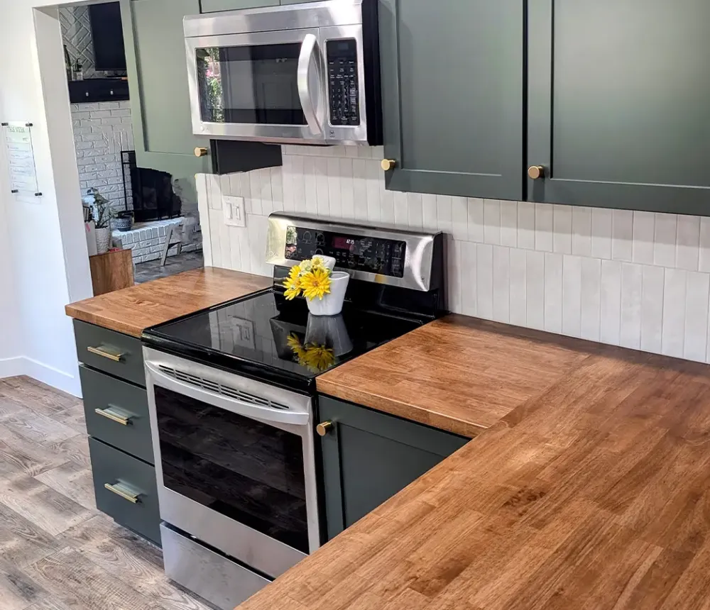 a recently remodeled kitchen featuring a blend of modern and rustic elements