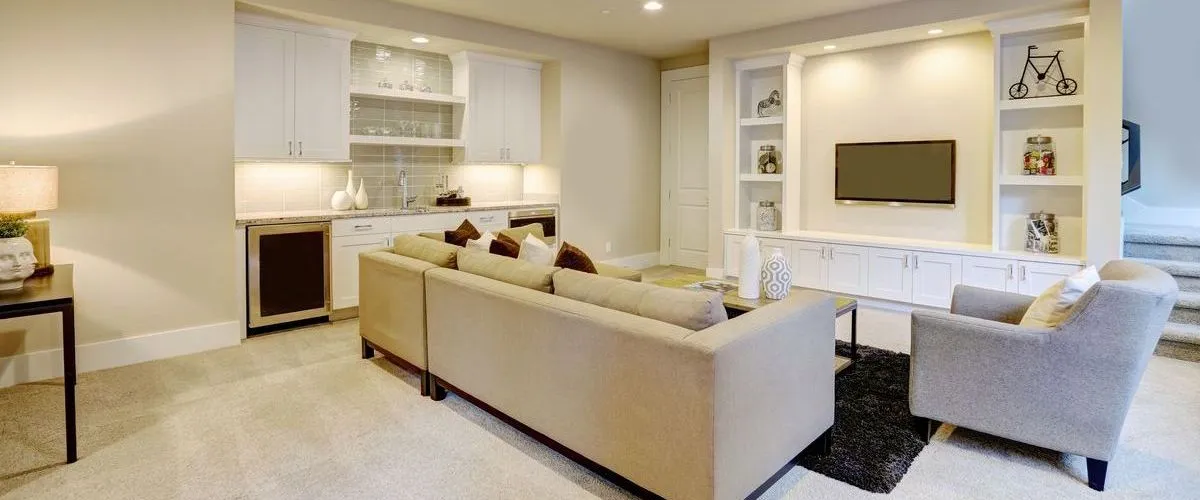 A spacious and well-lit modern finished basement featuring a cozy sectional sofa, a small kitchenette with a wet bar, and a large white custom built-in wall unit for a television and decor.