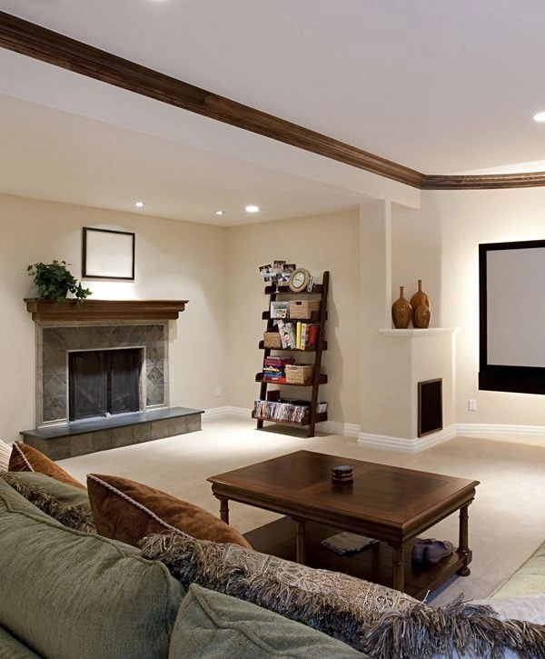 A cozy traditional living area featuring a stone fireplace, wood mantle, and ladder bookshelf as part of a basement remodeling in Kansas City, MO.