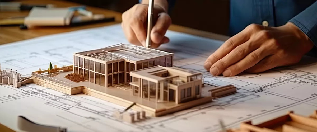Close-up of an architect’s hands working on a detailed physical architectural scale model and blueprints for a modern home design.