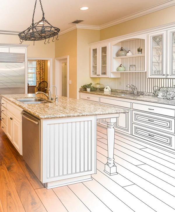 A visual concept of design-build remodeling in Blue Springs, MO, showing a kitchen transitioning from a black-and-white architectural line sketch to a finished space with a granite island.