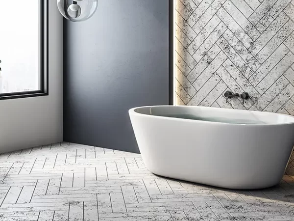 Contemporary bathroom with black and cement walls , white bathtub and big window.